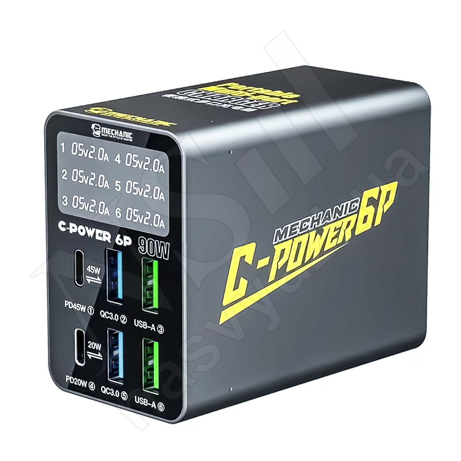 Зарядное устройство MECHANIC C-Power 6P (4xUSB+2 Type-C) 90W с цифровой индикацией параметров зарядки