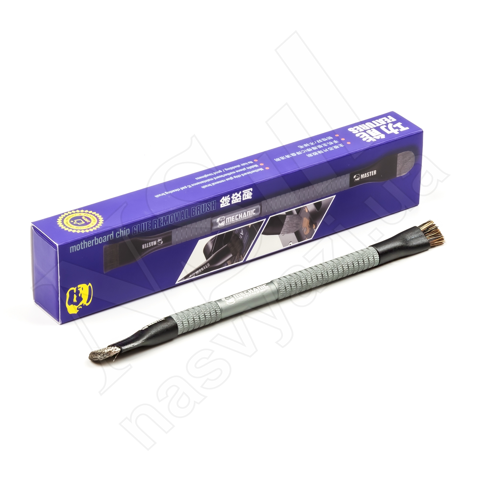 Кисть MECHANIC Master для чистки плат двусторонняя (металлический/натуральный ворс) (16 см) серая