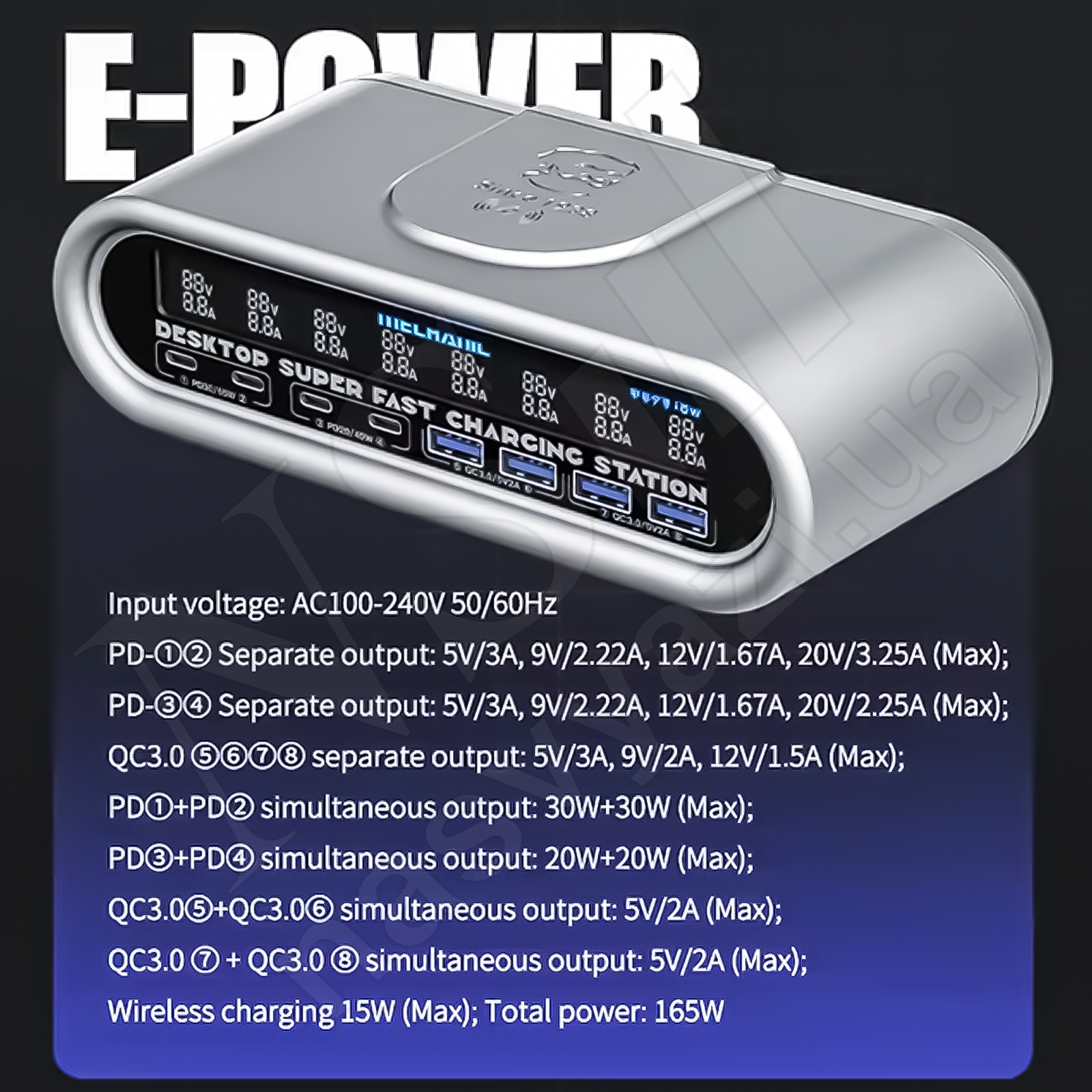 Зарядное устройство MECHANIC E-Power (2xUSB+6 Type-C) 165W с цифровой индикацией параметров зарядки