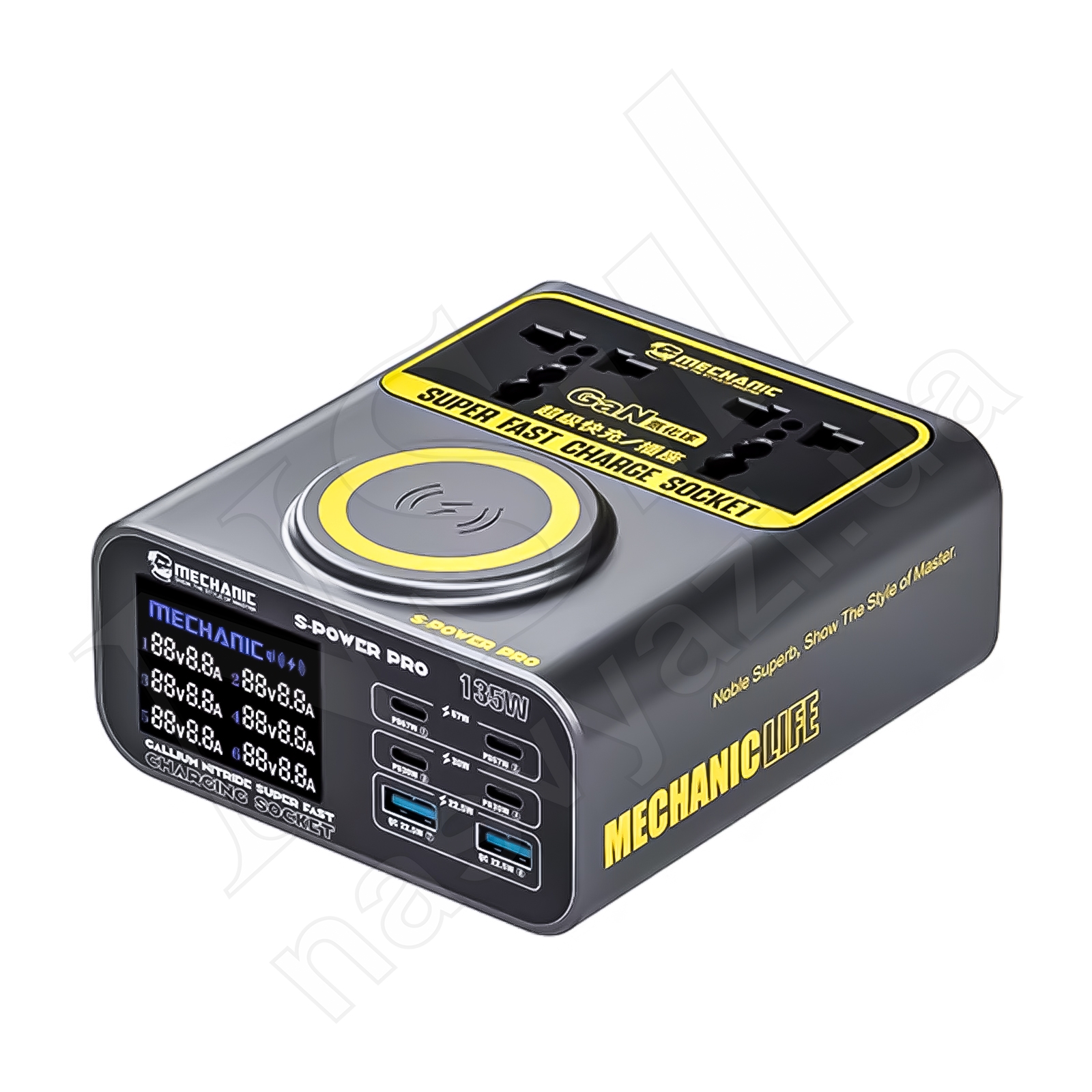 Зарядное устройство MECHANIC S-Power Pro (2xUSB+4 TypeC+безпроводная зарядка) 135W с цифровой индикацией параметров зарядки