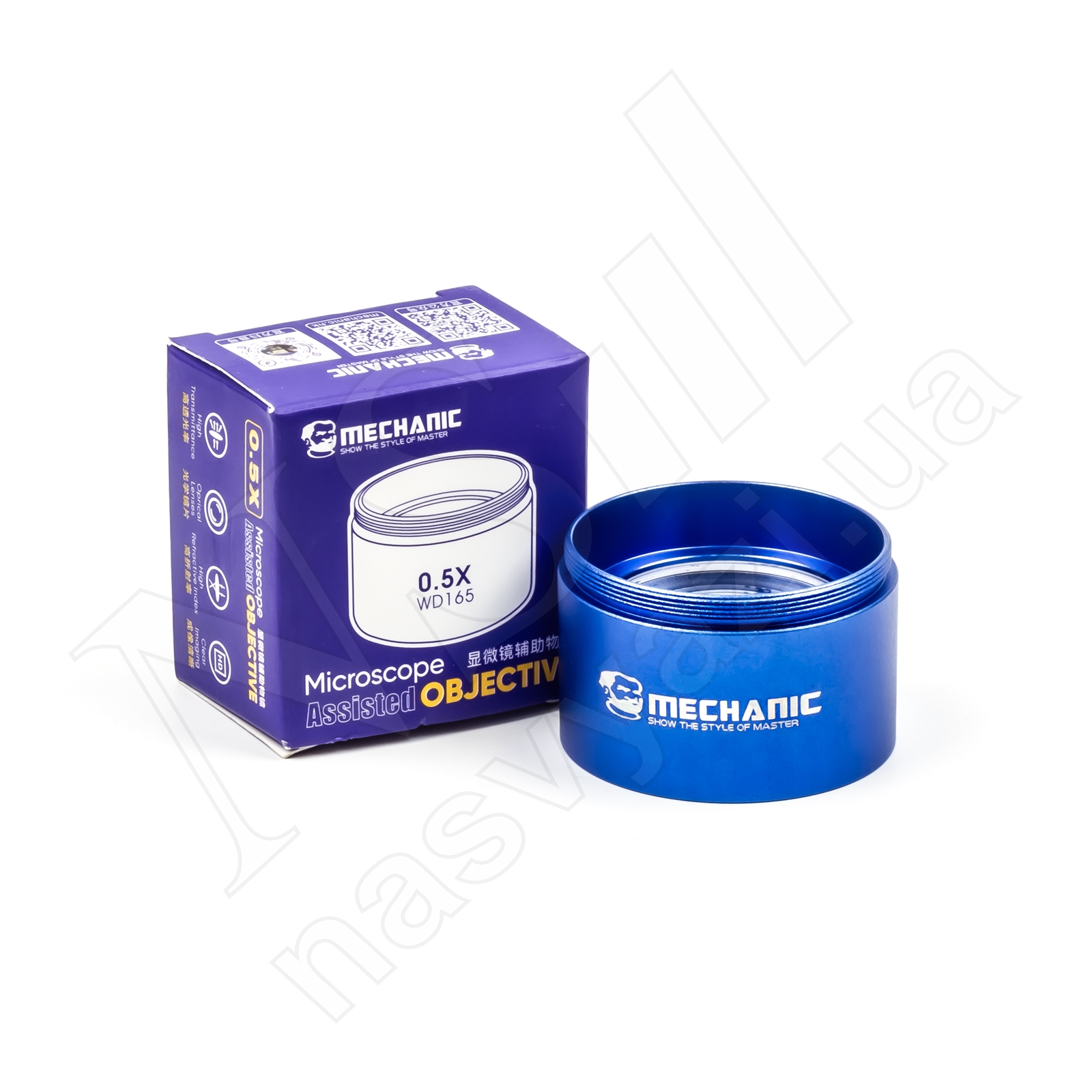 Линза (Барлоу) для объектива микроскопа MECHANIC WD165 0.5x (синяя)