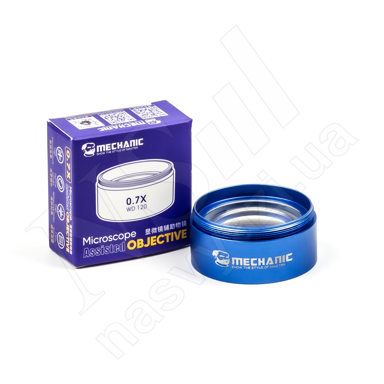 Линза (Барлоу) для объектива микроскопа MECHANIC WD120 0.7x (синяя)