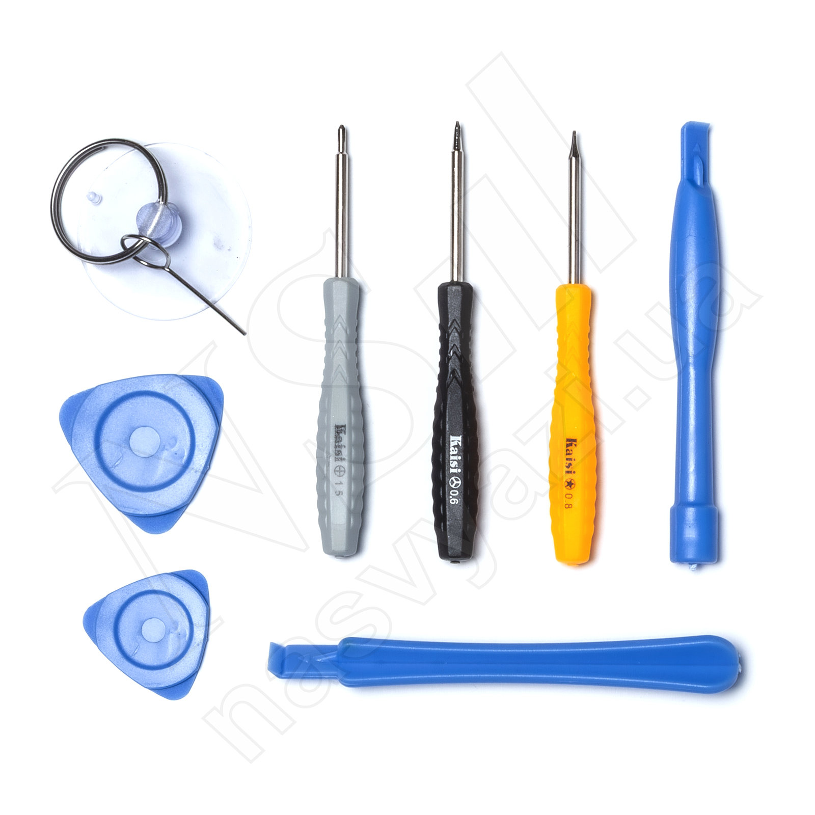 Набор инструментов KAISI для разборки смартфонов (+1,5, *0.8, *0.6, присоска, 2 лопатки, 2 медиатора)